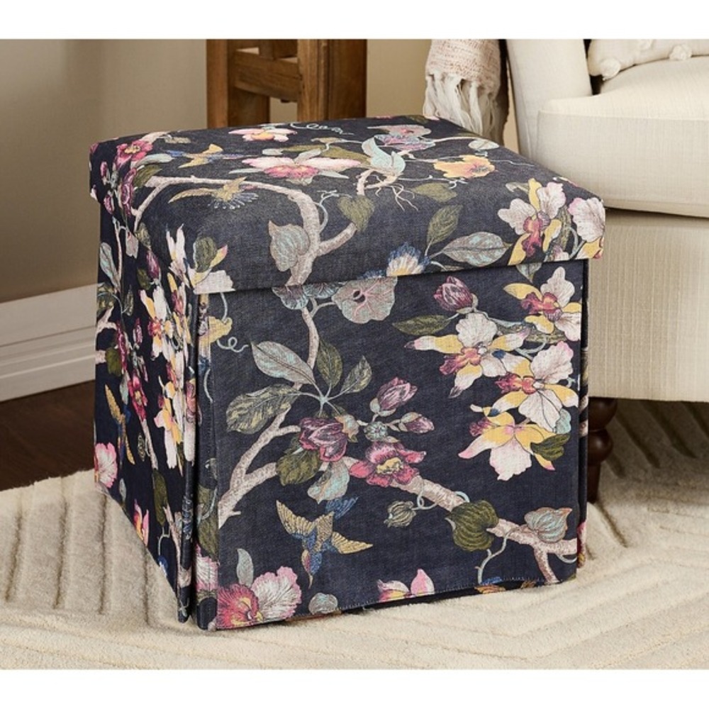 Home Reflections Floral Printed Foldable Square Storage Ottoman Seat Hummingbird